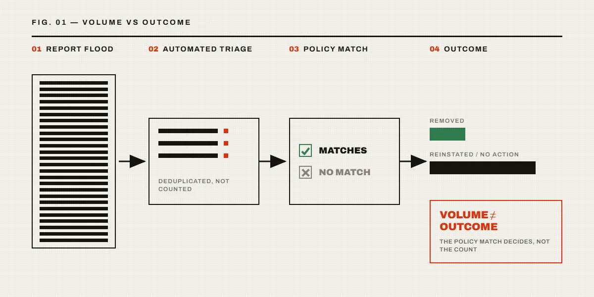 Diagram answering does mass reporting work on TikTok, comparing report volume against TikTok's own removal and reinstatement figures.