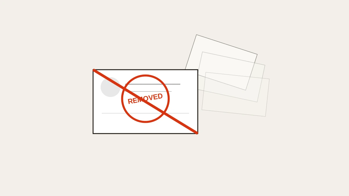 Conceptual illustration of a fake twitter account removal, where a harassment takedown strikes the cloned post card out.