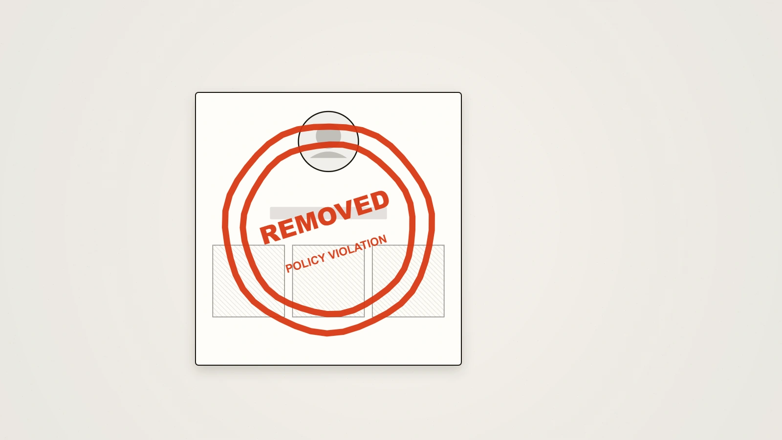 A vermilion REMOVED stamp lands across a stylised Instagram profile card, framing how to get someone banned on Instagram through policy, not tricks.
