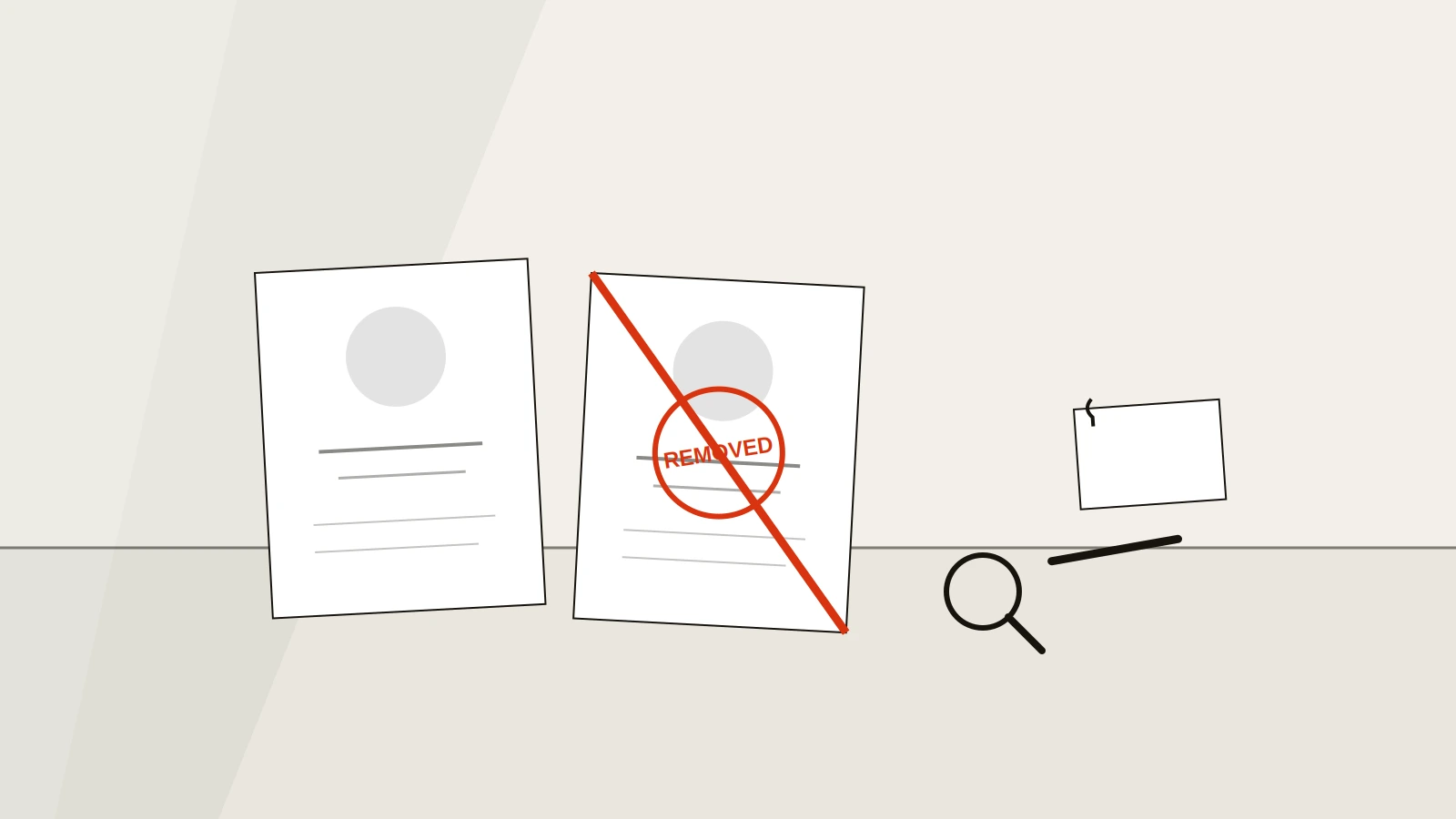 A cloned profile card struck out and stamped removed, the linkedin impersonation removal route that ends a linkedin account takedown.