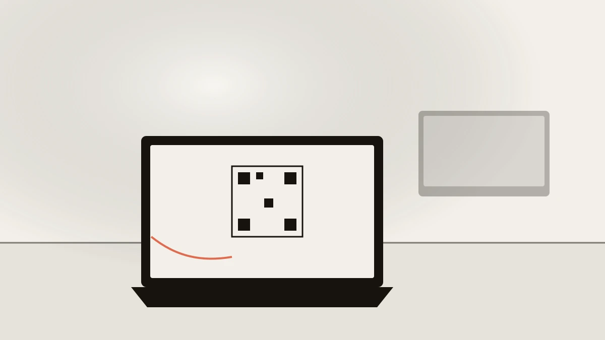 An unmarked laptop mirroring a linked-device pairing screen, the mechanism used to mass report WhatsApp numbers at volume.