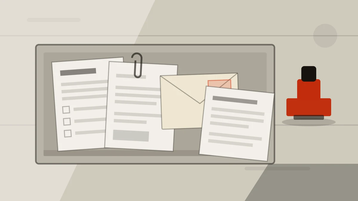 An evidence tray holding the four lawful instruments behind a tiktok account takedown: report, DMCA, legal letter, de-indexing.