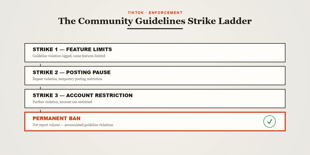 Diagram of TikTok's strike ladder showing how does someone get banned from TikTok, from first strike to permanent ban.