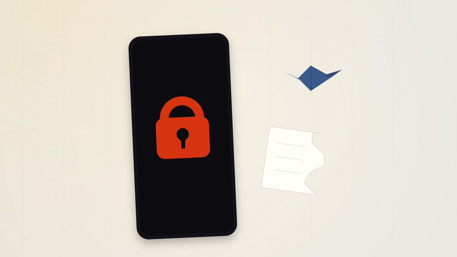 A press-office photo of a suspended Twitter account lock screen and a folded blue paper bird behind the twitter ban service myth.