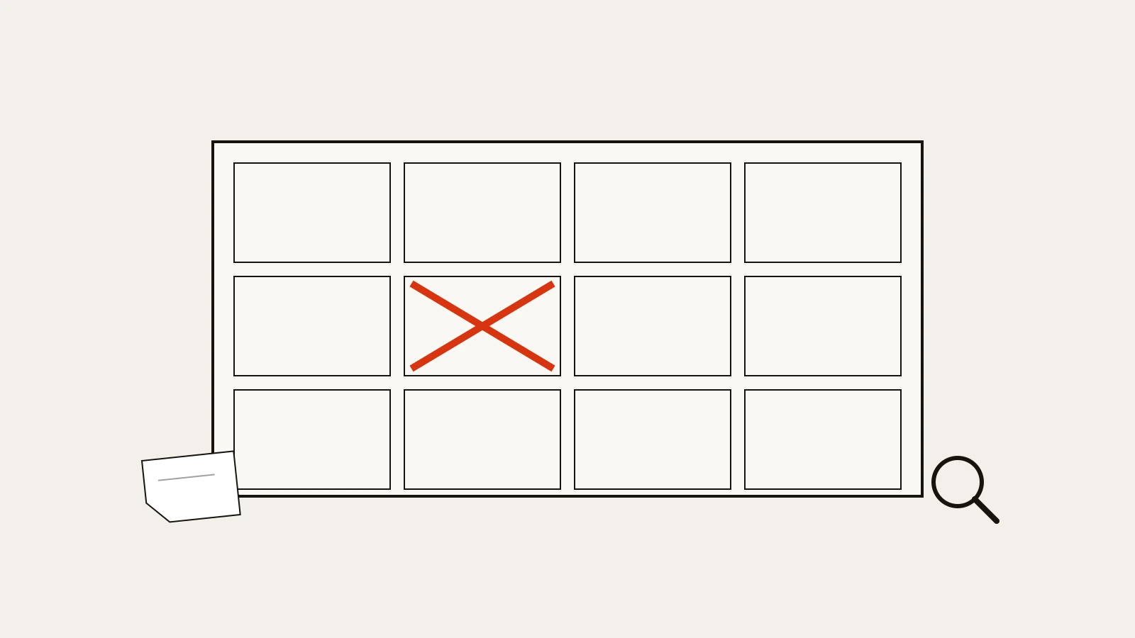 A single frame struck through on a lightbox contact sheet, showing how to get a youtube video taken down, not a whole channel.